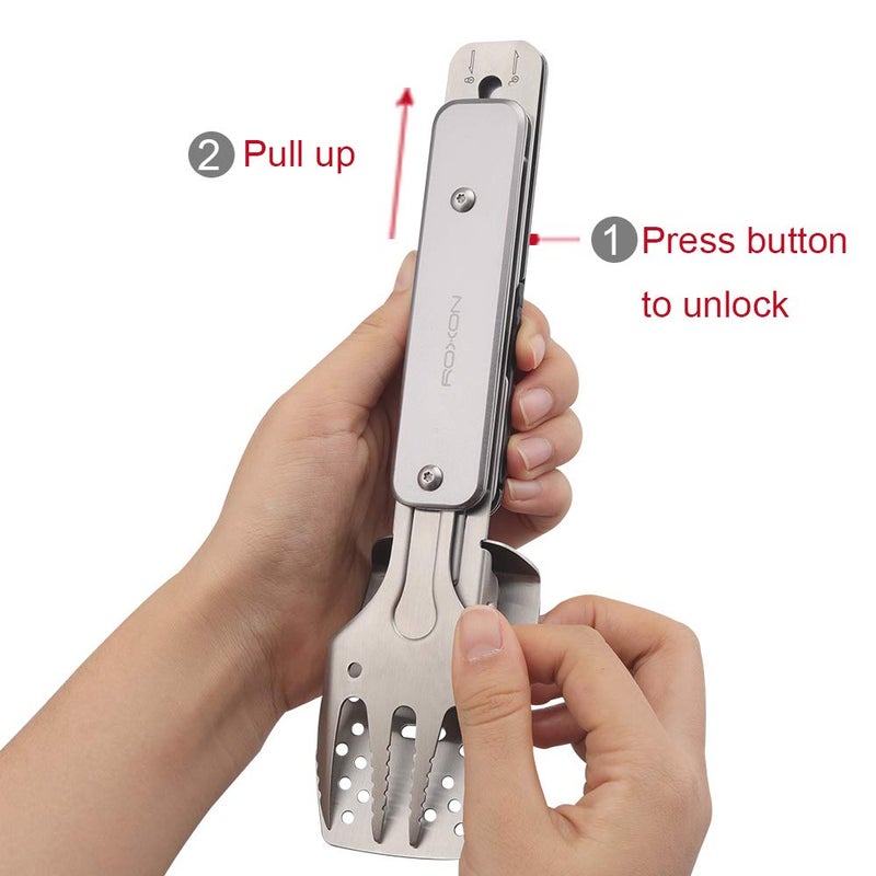 ROXON 4 in 1 Mini Folding BBQ Barbecue Combo Tool Set with Spatula, Fork, Tongs and Bottle Opener for Hiking Camping (Grey) - Image 2